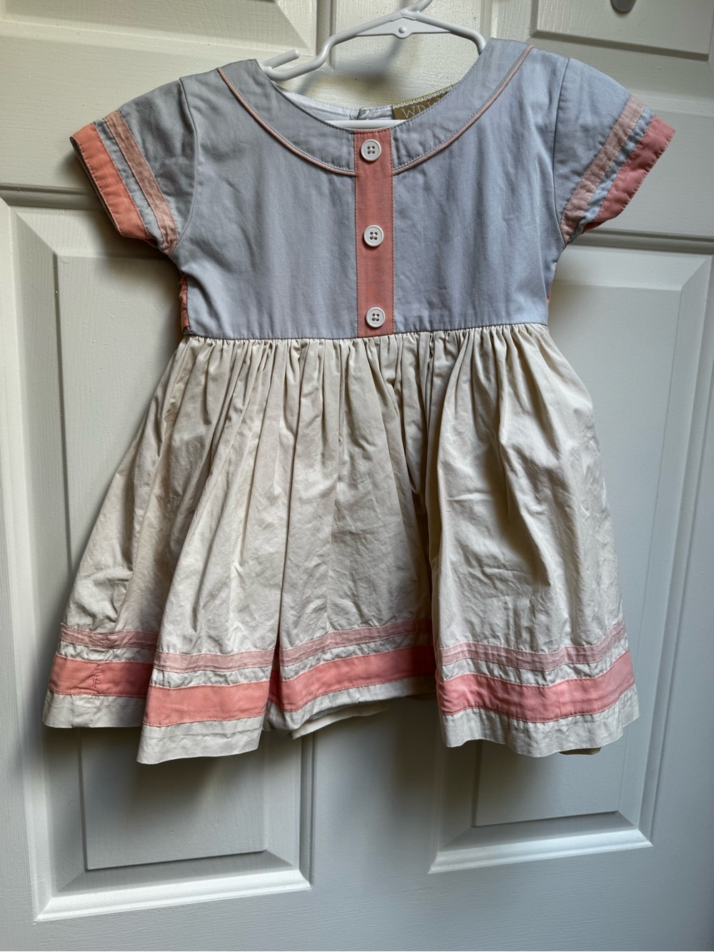 WDWolf 2T Shawn Elizabeth Poplin Short-sleeve Dress Gray Cream Pink Stripes Girl